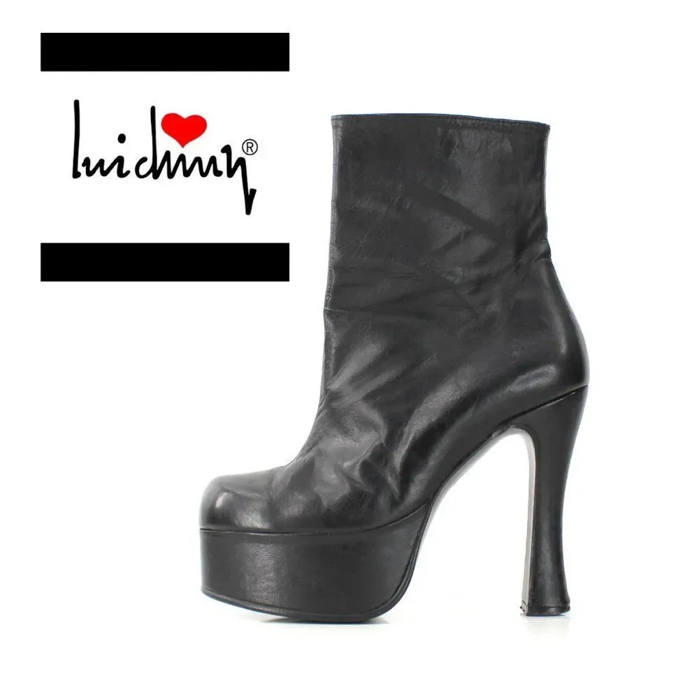 Luichiny Black Leather Platform Ankle Boots Round Toe Spool Heel Spain 37